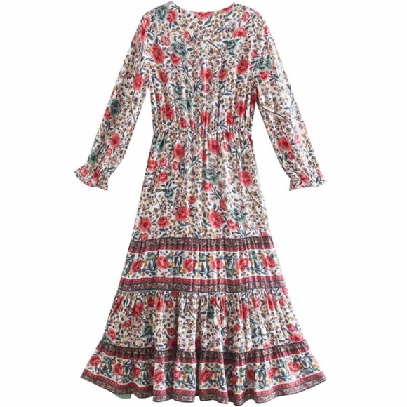 3/4 sleeve floral print red ruffle v neck dress - Picture 5 of 5